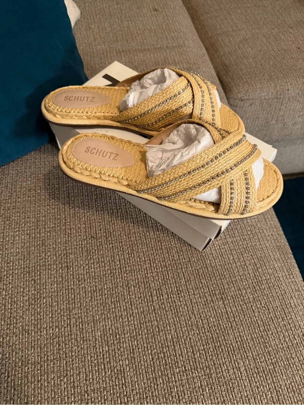 New! SCHUTZ Yellow Raffia Crisscross Slide Sandals with Rhinestone Trim